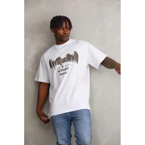 Erkek Baskılı T-Shirt Kısa Kol Bisiklet Yaka Regular Fit Tişört - Beyaz