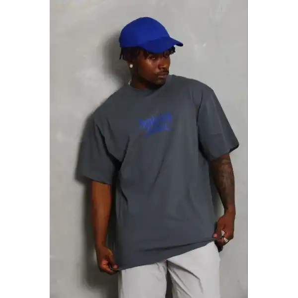 Erkek Baskılı T-Shirt Kısa Kol Bisiklet Yaka Regular Fit Tişört - Füme
