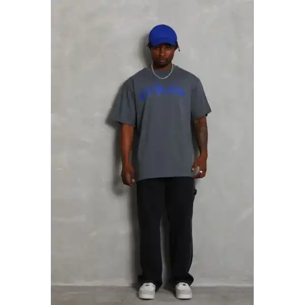 Erkek Baskılı T-Shirt Kısa Kol Bisiklet Yaka Regular Fit Tişört - Füme