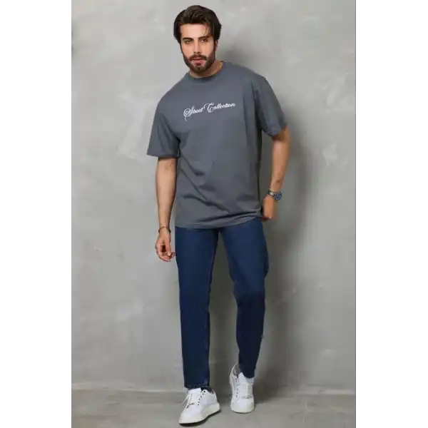 Erkek Baskılı T-Shirt Kısa Kol Bisiklet Yaka Regular Fit Tişört - Füme