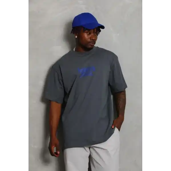 Erkek Baskılı T-Shirt Kısa Kol Bisiklet Yaka Regular Fit Tişört - Füme