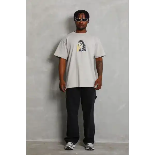 Erkek Baskılı T-Shirt Kısa Kol Bisiklet Yaka Regular Fit Tişört - Gri