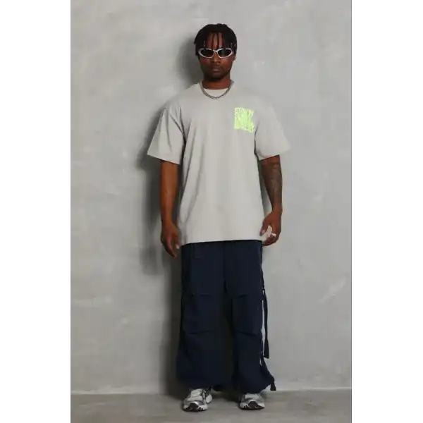 Erkek Baskılı T-Shirt Kısa Kol Bisiklet Yaka Regular Fit Tişört - Gri