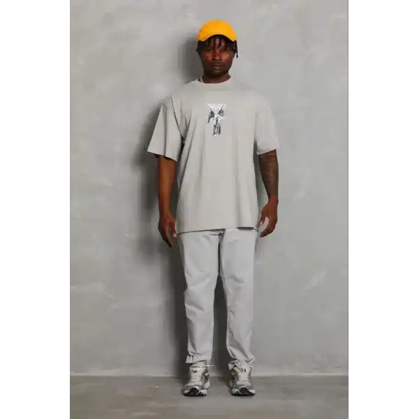 Erkek Baskılı T-Shirt Kısa Kol Bisiklet Yaka Regular Fit Tişört - Gri