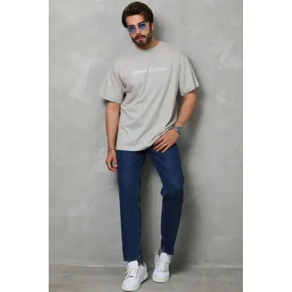 Erkek Baskılı T-Shirt Kısa Kol Bisiklet Yaka Regular Fit Tişört - Gri