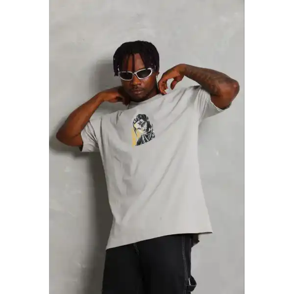 Erkek Baskılı T-Shirt Kısa Kol Bisiklet Yaka Regular Fit Tişört - Gri