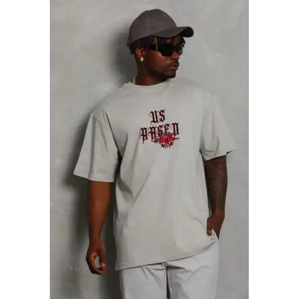 Erkek Baskılı T-Shirt Kısa Kol Bisiklet Yaka Regular Fit Tişört - Gri