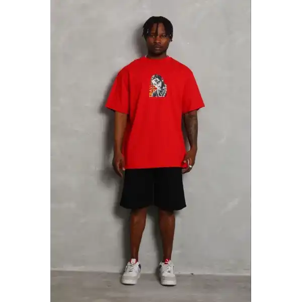 Erkek Baskılı T-Shirt Kısa Kol Bisiklet Yaka Regular Fit Tişört - Kırmızı