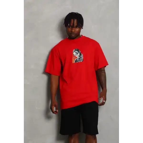Erkek Baskılı T-Shirt Kısa Kol Bisiklet Yaka Regular Fit Tişört - Kırmızı