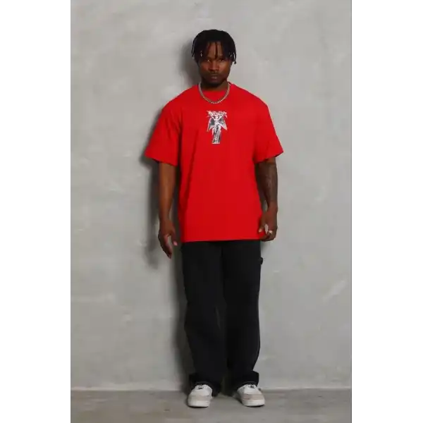 Erkek Baskılı T-Shirt Kısa Kol Bisiklet Yaka Regular Fit Tişört - Kırmızı