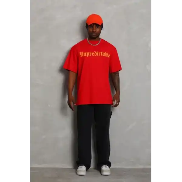 Erkek Baskılı T-Shirt Kısa Kol Bisiklet Yaka Regular Fit Tişört - Kırmızı