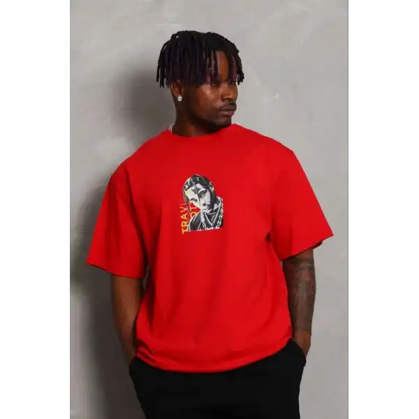 Erkek Baskılı T-Shirt Kısa Kol Bisiklet Yaka Regular Fit Tişört - Kırmızı