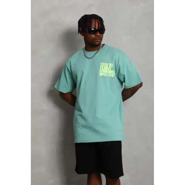 Erkek Baskılı T-Shirt Kısa Kol Bisiklet Yaka Regular Fit Tişört - Mint Yeşili