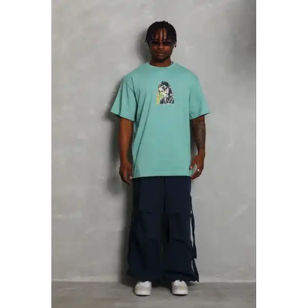 Erkek Baskılı T-Shirt Kısa Kol Bisiklet Yaka Regular Fit Tişört - Mint Yeşili