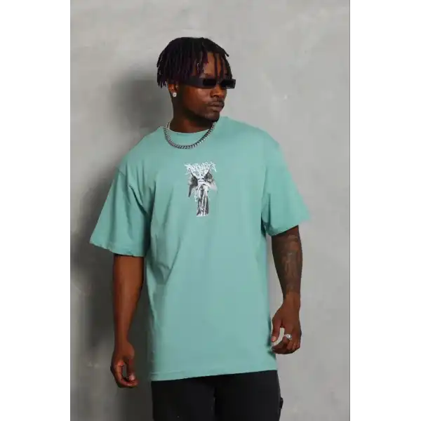 Erkek Baskılı T-Shirt Kısa Kol Bisiklet Yaka Regular Fit Tişört - Mint Yeşili