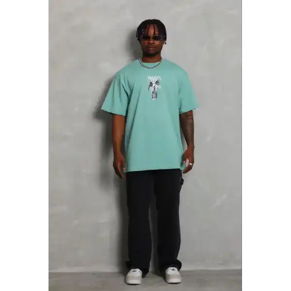 Erkek Baskılı T-Shirt Kısa Kol Bisiklet Yaka Regular Fit Tişört - Mint Yeşili