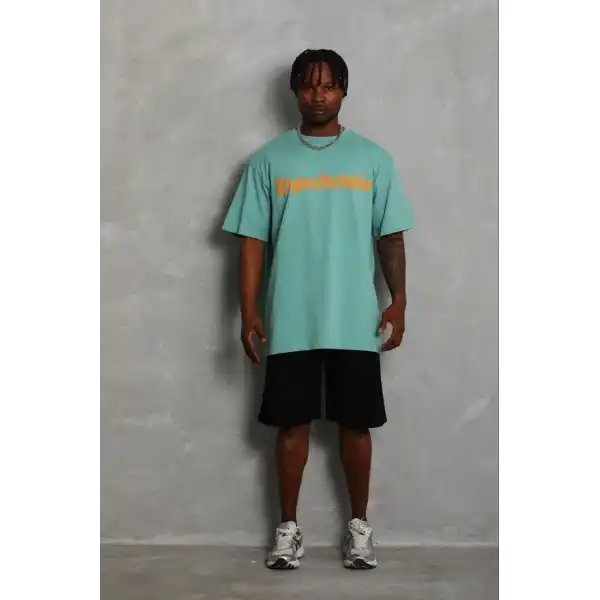 Erkek Baskılı T-Shirt Kısa Kol Bisiklet Yaka Regular Fit Tişört - Mint Yeşili