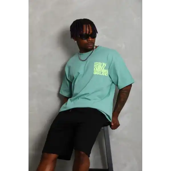Erkek Baskılı T-Shirt Kısa Kol Bisiklet Yaka Regular Fit Tişört - Mint Yeşili