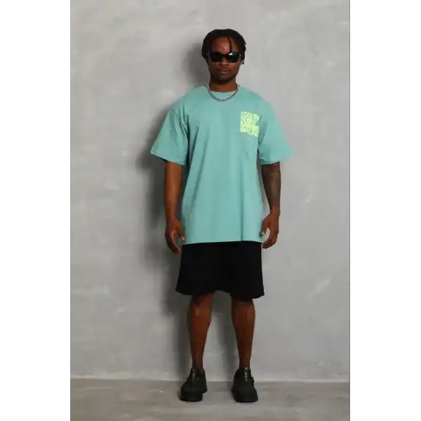 Erkek Baskılı T-Shirt Kısa Kol Bisiklet Yaka Regular Fit Tişört - Mint Yeşili