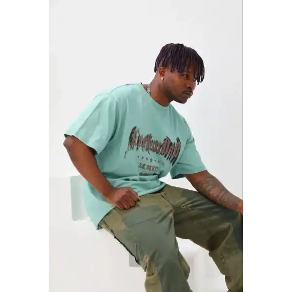 Erkek Baskılı T-Shirt Kısa Kol Bisiklet Yaka Regular Fit Tişört - Mint Yeşili