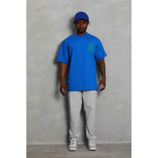 Erkek Baskılı T-Shirt Kısa Kol Bisiklet Yaka Regular Fit Tişört - Saks Mavisi