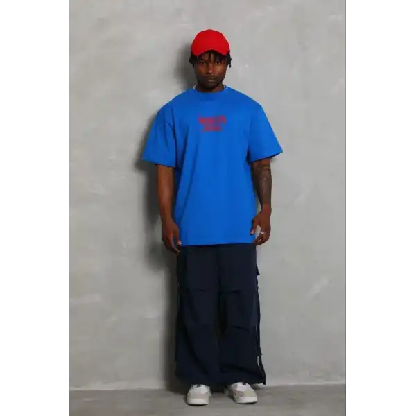 Erkek Baskılı T-Shirt Kısa Kol Bisiklet Yaka Regular Fit Tişört - Saks Mavisi
