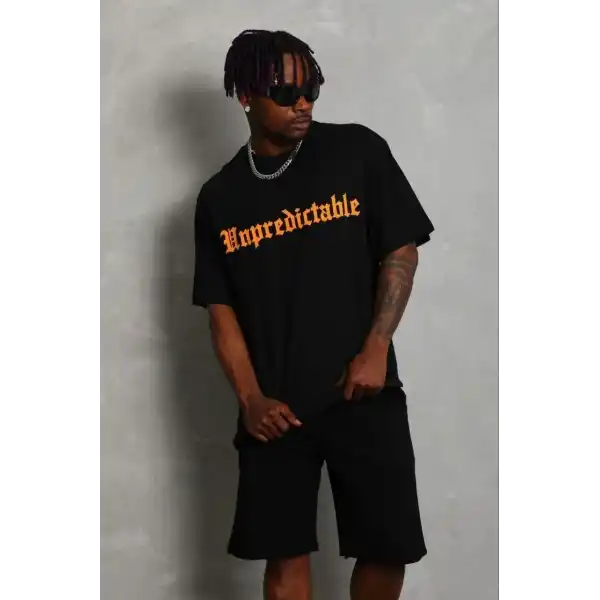 Erkek Baskılı T-Shirt Kısa Kol Bisiklet Yaka Regular Fit Tişört - Siyah