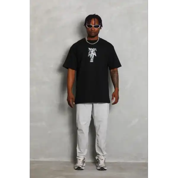 Erkek Baskılı T-Shirt Kısa Kol Bisiklet Yaka Regular Fit Tişört - Siyah