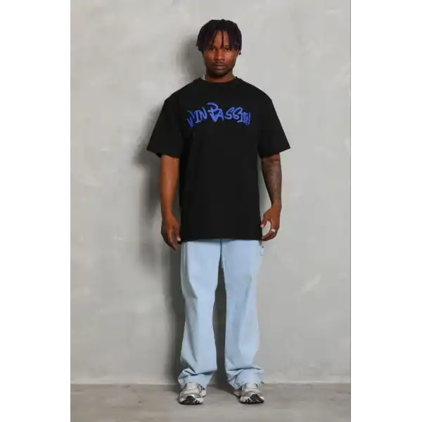 Erkek Baskılı T-Shirt Kısa Kol Bisiklet Yaka Regular Fit Tişört - Siyah