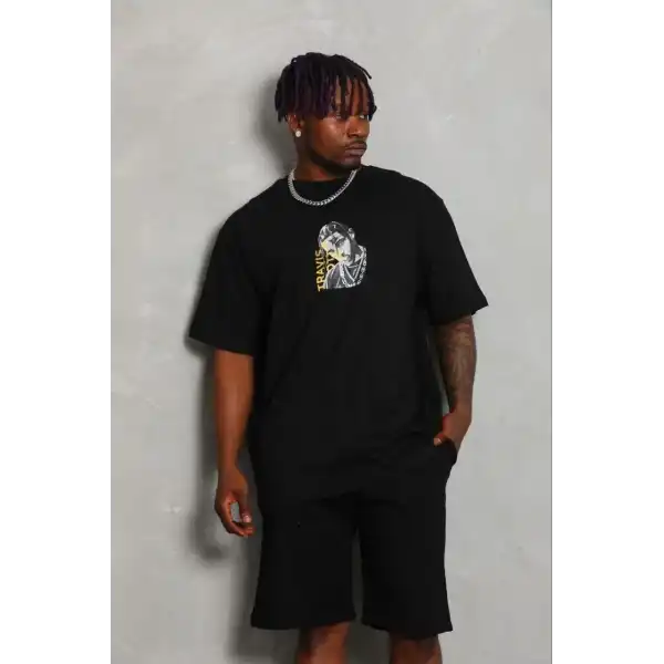 Erkek Baskılı T-Shirt Kısa Kol Bisiklet Yaka Regular Fit Tişört - Siyah