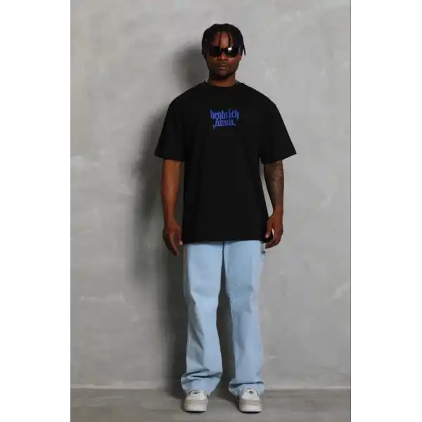 Erkek Baskılı T-Shirt Kısa Kol Bisiklet Yaka Regular Fit Tişört - Siyah