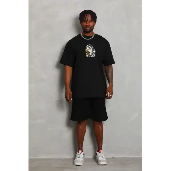 Erkek Baskılı T-Shirt Kısa Kol Bisiklet Yaka Regular Fit Tişört - Siyah