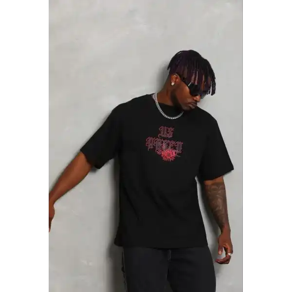 Erkek Baskılı T-Shirt Kısa Kol Bisiklet Yaka Regular Fit Tişört - Siyah