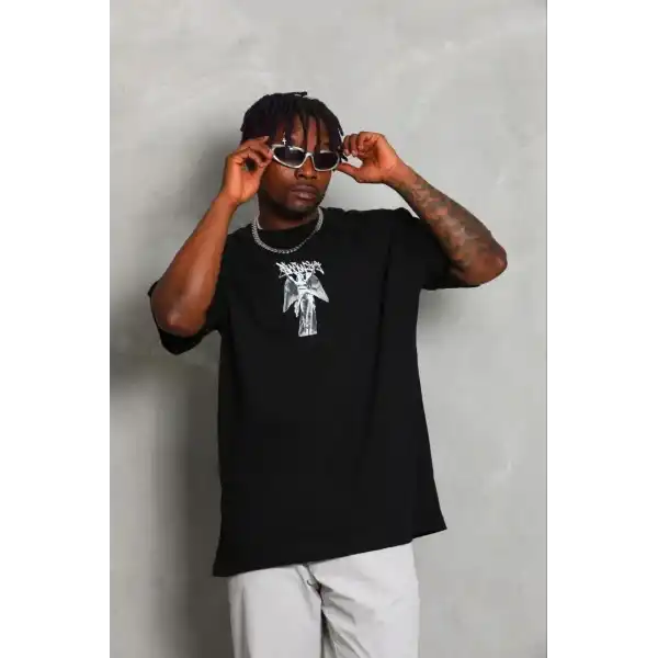 Erkek Baskılı T-Shirt Kısa Kol Bisiklet Yaka Regular Fit Tişört - Siyah