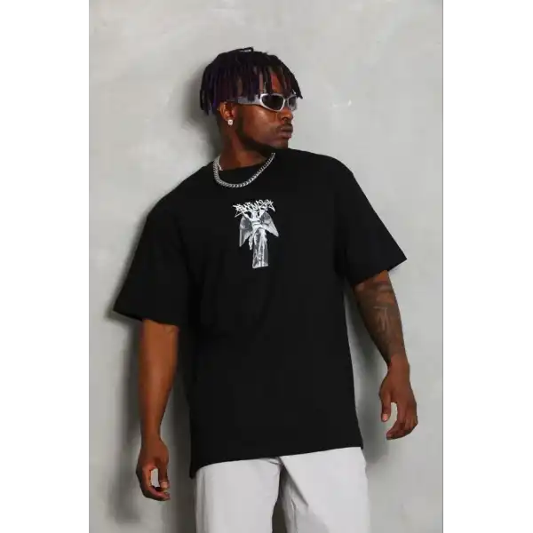 Erkek Baskılı T-Shirt Kısa Kol Bisiklet Yaka Regular Fit Tişört - Siyah