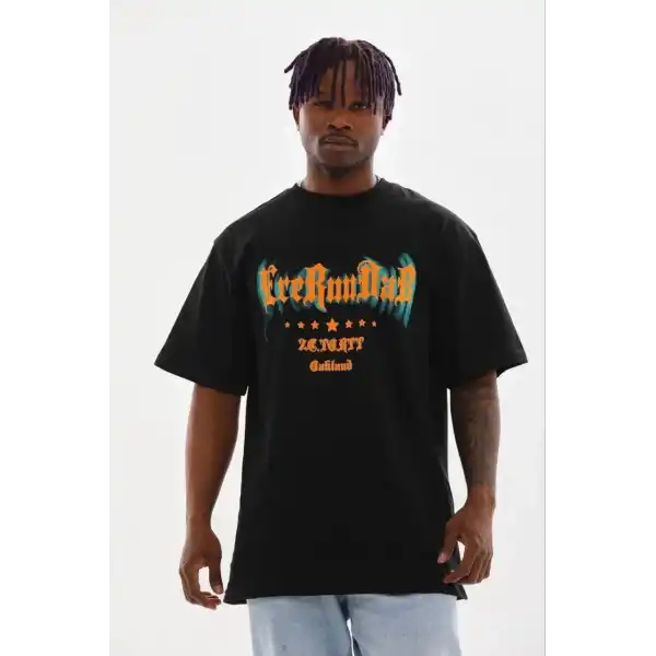 Erkek Baskılı T-Shirt Kısa Kol Bisiklet Yaka Regular Fit Tişört - Siyah