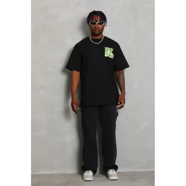 Erkek Baskılı T-Shirt Kısa Kol Bisiklet Yaka Regular Fit Tişört - Siyah
