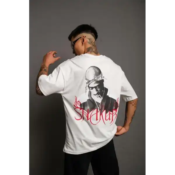 Erkek Baskılı T-Shirt Oversize Kısa kol Bisiklet yaka tişort - Beyaz