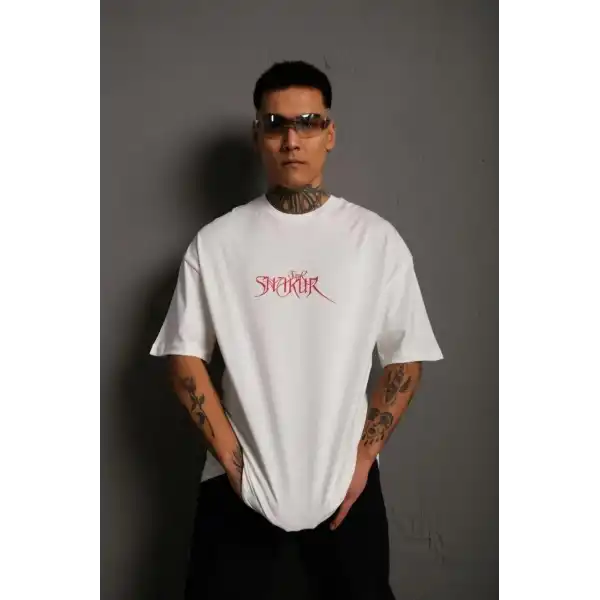 Erkek Baskılı T-Shirt Oversize Kısa kol Bisiklet yaka tişort - Beyaz