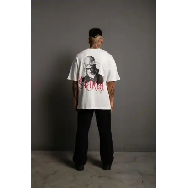 Erkek Baskılı T-Shirt Oversize Kısa kol Bisiklet yaka tişort - Beyaz