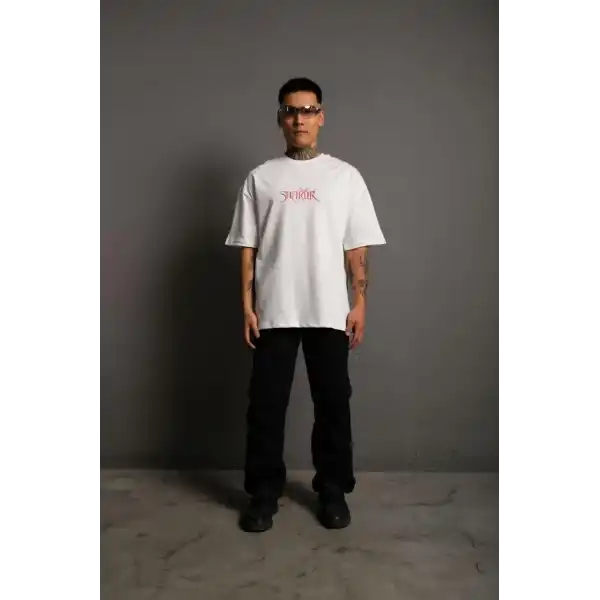 Erkek Baskılı T-Shirt Oversize Kısa kol Bisiklet yaka tişort - Beyaz