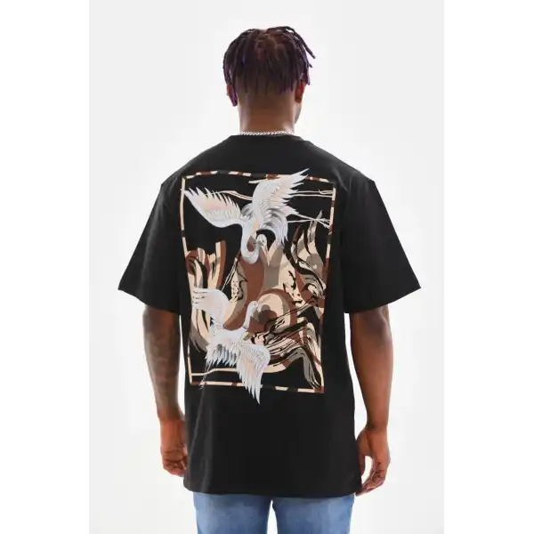 Erkek Baskılı T-Shirt Yazlık Kısa Kol Bisiklet Yaka Tişört - Siyah