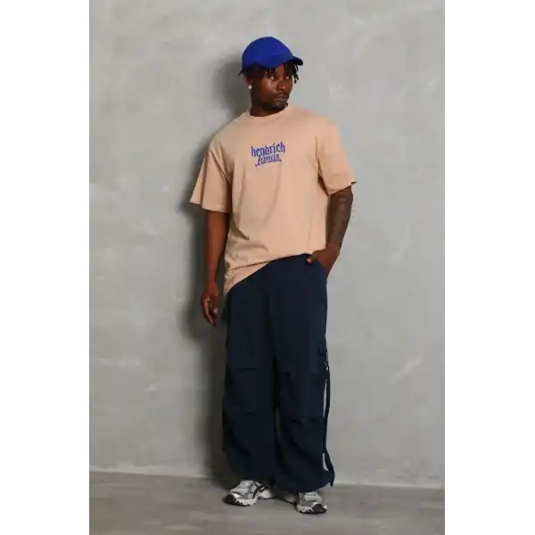 Erkek Baskılı Tişört Kısa Kol Bisiklet Yaka Oversize T-Shirt - Bej