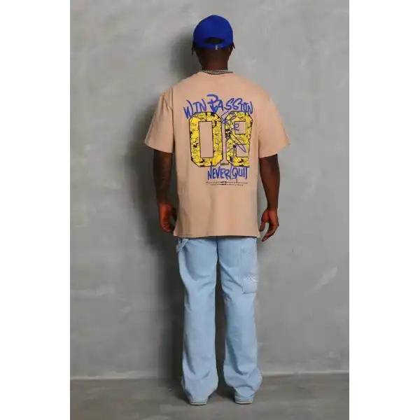 Erkek Baskılı Tişört Kısa Kol Bisiklet Yaka Oversize T-Shirt - Bej