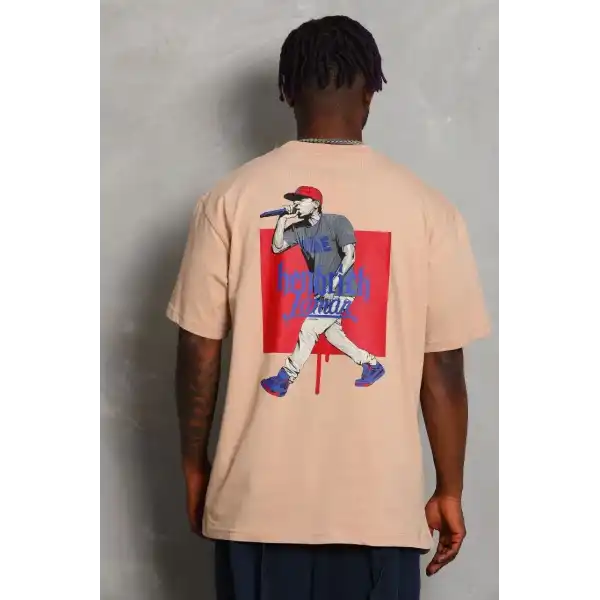 Erkek Baskılı Tişört Kısa Kol Bisiklet Yaka Oversize T-Shirt - Bej