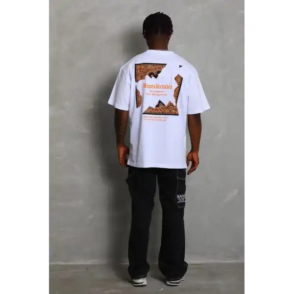 Erkek Baskılı Tişört Kısa Kol Bisiklet Yaka Oversize T-Shirt - Beyaz