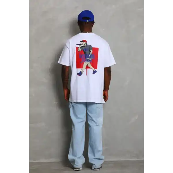 Erkek Baskılı Tişört Kısa Kol Bisiklet Yaka Oversize T-Shirt - Beyaz