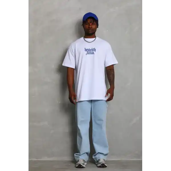 Erkek Baskılı Tişört Kısa Kol Bisiklet Yaka Oversize T-Shirt - Beyaz
