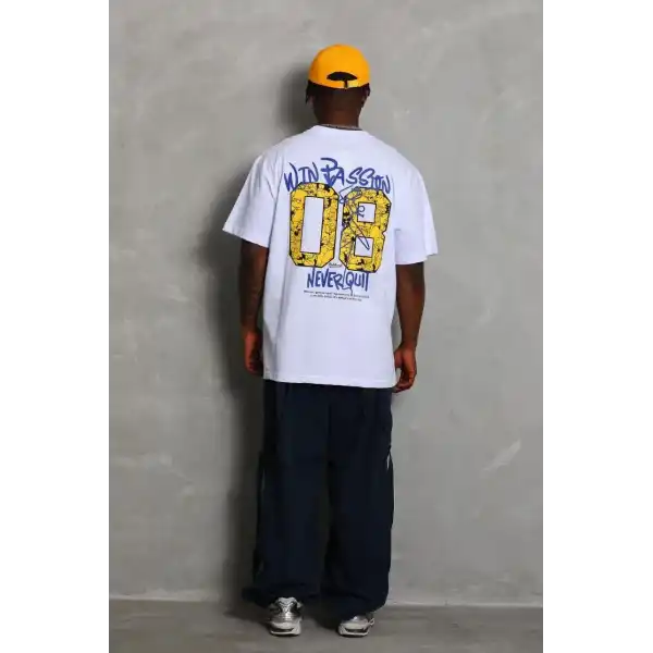 Erkek Baskılı Tişört Kısa Kol Bisiklet Yaka Oversize T-Shirt - Beyaz