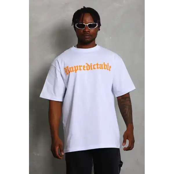 Erkek Baskılı Tişört Kısa Kol Bisiklet Yaka Oversize T-Shirt - Beyaz